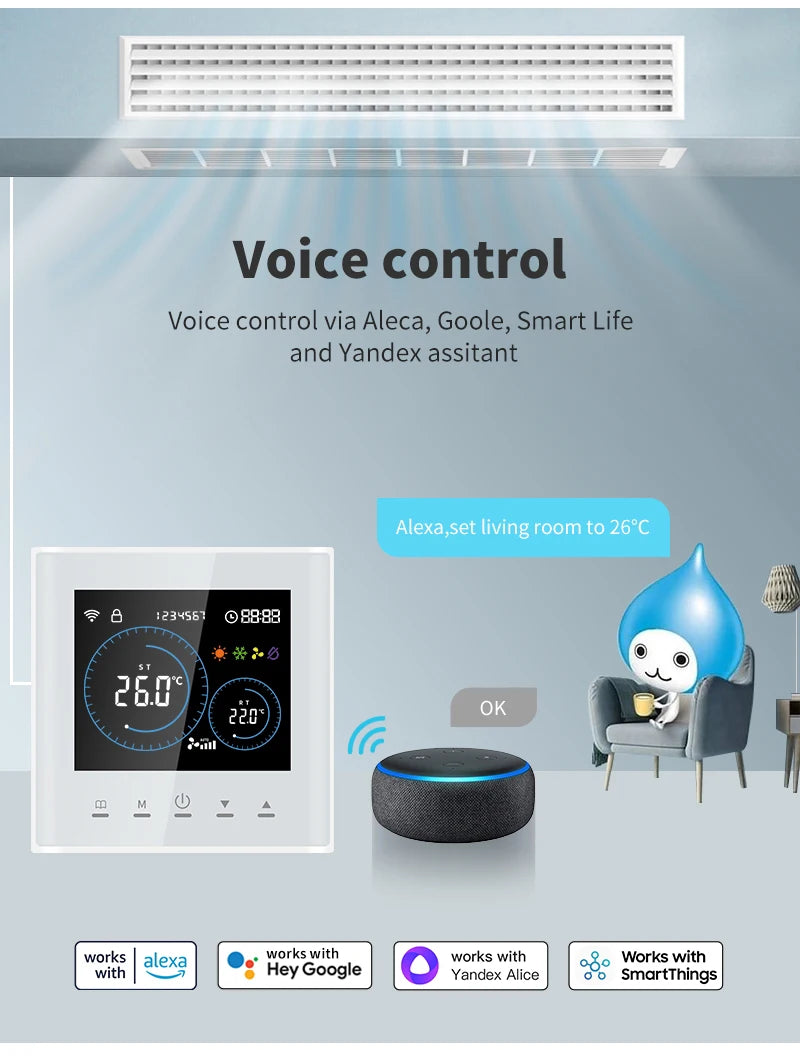 Smart Wifi Thermostat for AC Energy Saving HVAC Fan Coil Temperature Controller Flexible Square Shape for Hospital Cold Room