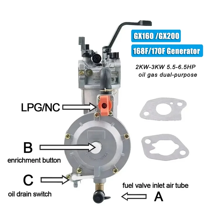 3KW 168F 170F Gasoline Generator LPG Carburetor Dual Fuel LPG NC Gas Carburetor Conversion Kit For Generator Parts 6.5HPABKW