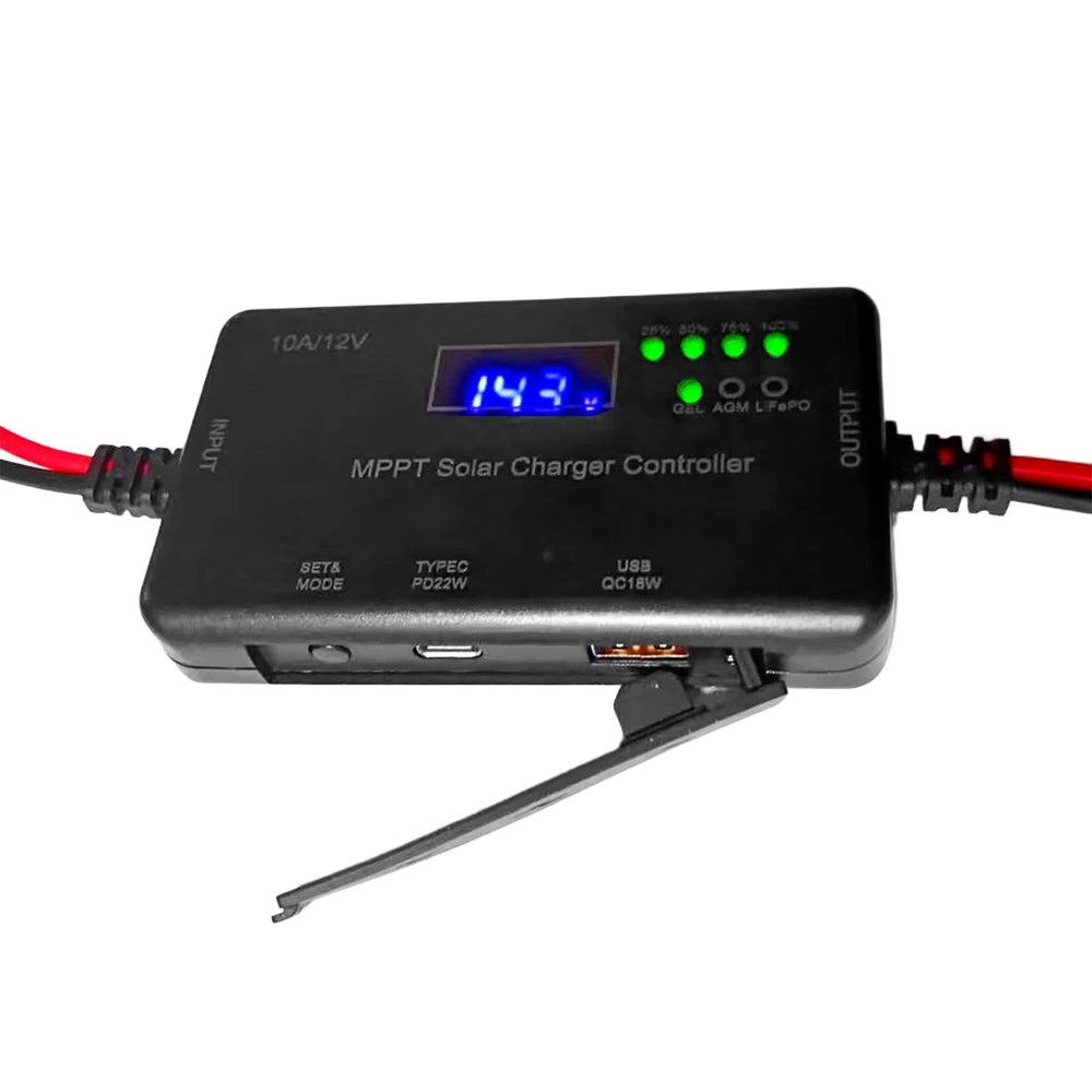 MPPT Solar Photovoltaic Controller 10A 12V MPPT Solar Charge Controller with Type-C Input & USB Output For AGM, Lifepo Battery