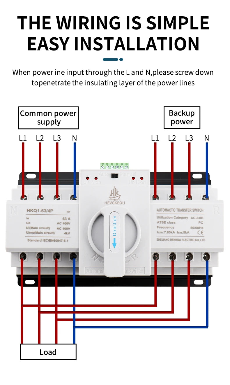 Automatic Transfer Switch (ATS) 4P 63A/125A Dual Power Changeover Switch 400V Manual/Auto for Generator Industrial CE Certified