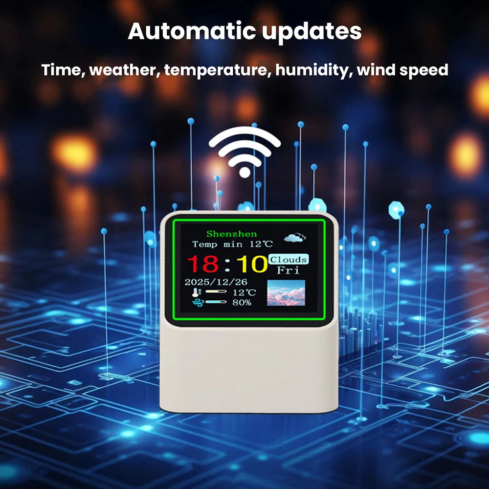 Smart Wifi Weather Station Display Weather Temperature Humidity Time Alarm Clock Desktop Electronic Clock Type-C Min Clock DC 5V