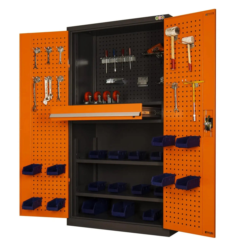 Optimize Your Workspace with a Modern Industrial 71in. Orange Tool Cabinet Lock, Drawers, Pegboard, and Quiet Wheels PULAGE