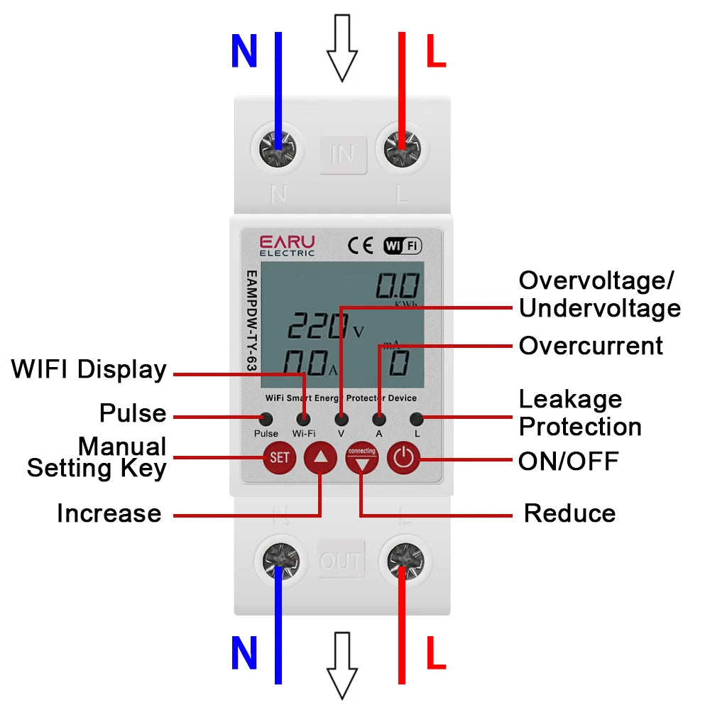 63A Tuya WiFi Smart Circuit Breaker Switch Energy Meter Metering Timer Relay Device With Voltage Current and Leakage Protection