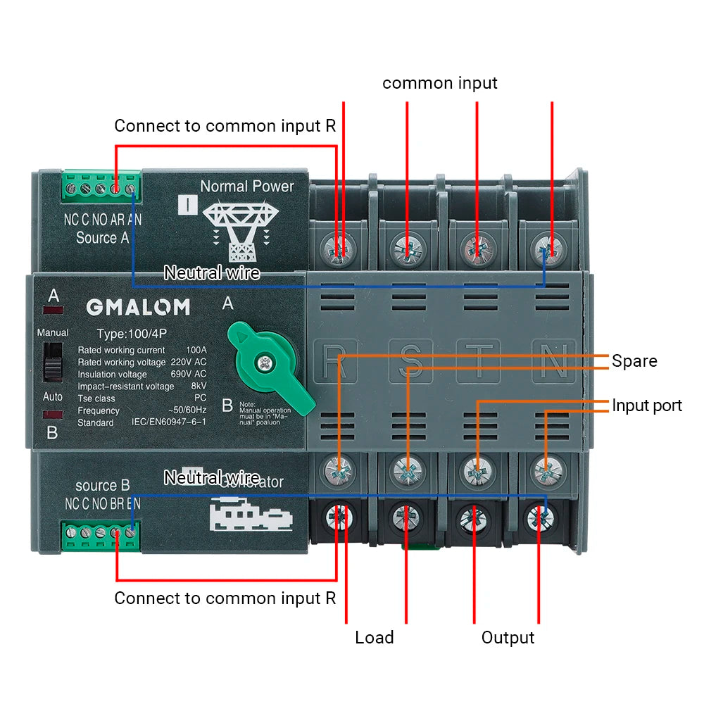 Rail Dual Power Automatic Transfer Switch 2P 3P 4P ATS Selector Switches Uninterruptible Millisecond Power Generator 100A AC220V