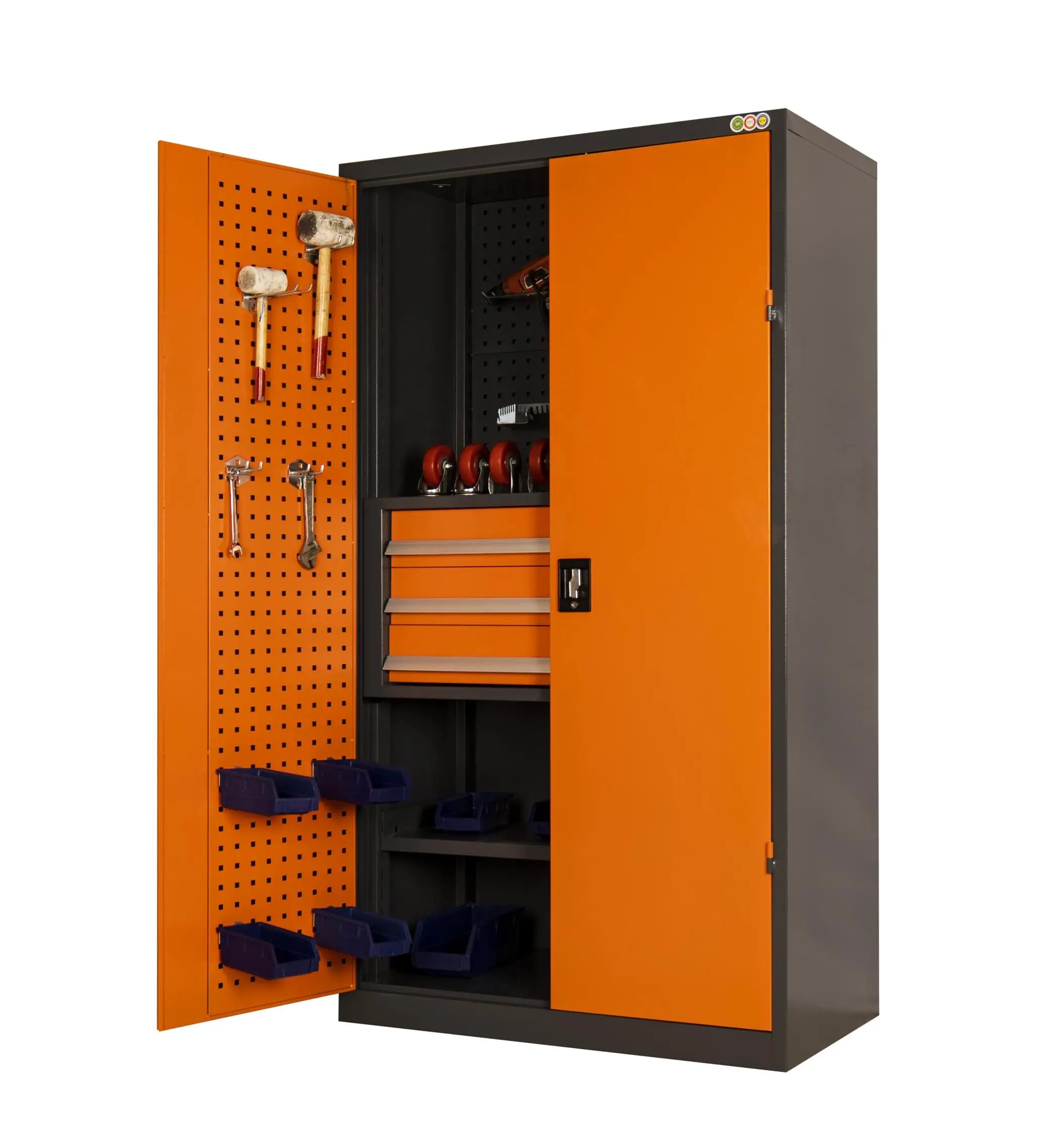 Optimize Your Workspace with a Modern Industrial 71in. Orange Tool Cabinet Lock, Drawers, Pegboard, and Quiet Wheels PULAGE
