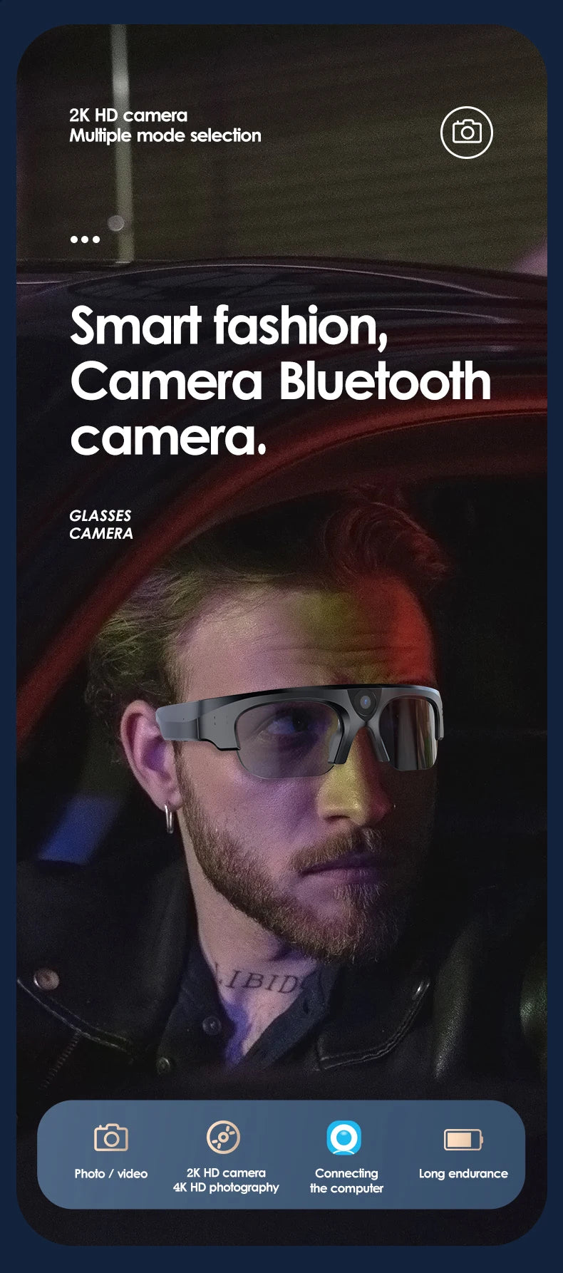 Smart 4K glasses, WiFi sunglasses camera, smart home secret camera, mini camera for shooting and recording videos