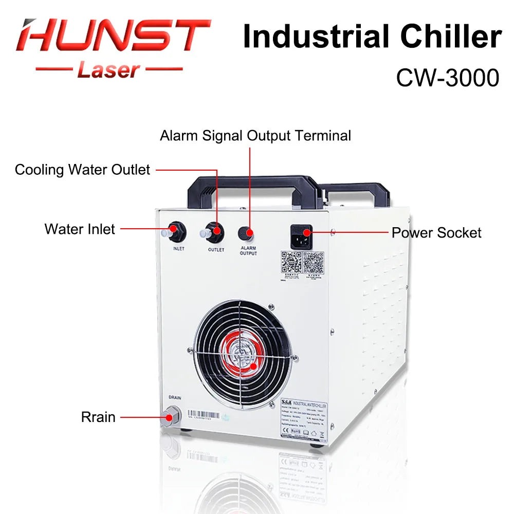 HUNST S&A CW3000 Industrial Water Chiller for CO2 Engraving Cutting Machine Cooling 40W 50W 60W 80W Laser Tube DG110V TG220V