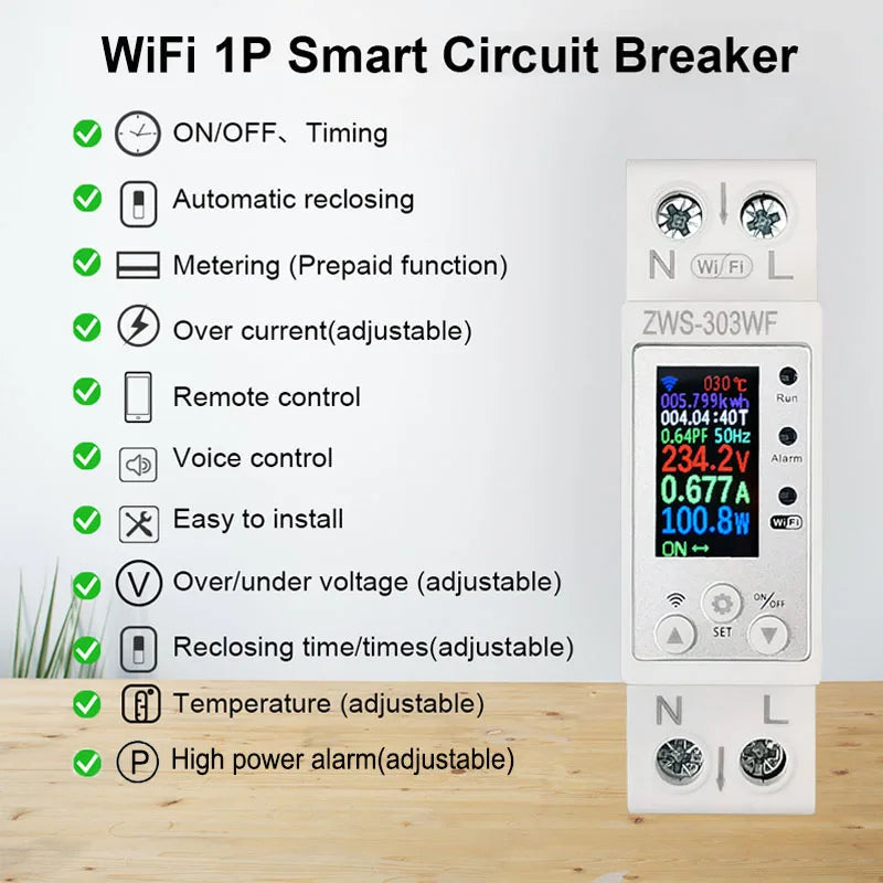 WiFi Smart Circuit Breaker 63A with LCD Display Energy Meter KWH Remote Control Monitor Overload Protection Auto-reclosing