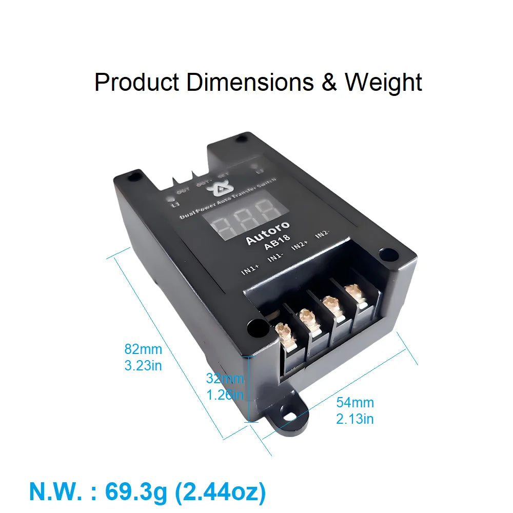 Autoro AB18 Automatic Transfer Switch ATS DC 12V-60V 18A Dual Power Switch with Digital Display - Uninterrupted Power Supply UPS