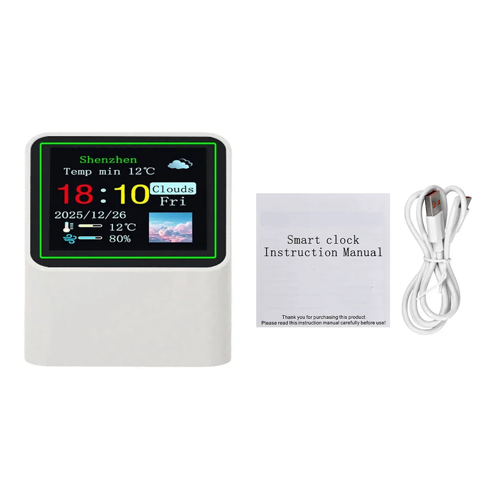 Smart Wifi Weather Station Display Weather Temperature Humidity Time Alarm Clock Desktop Electronic Clock Type-C Min Clock DC 5V
