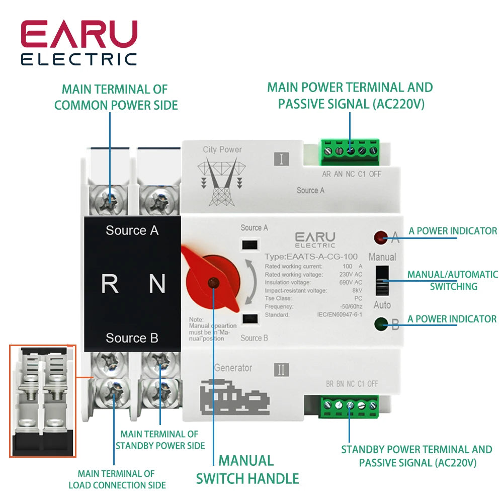 Dual Power Automatic Transfer Switch ATS 2P 4P 100A. AC 220V 110V Millisecond Switching for Solar Generator Uninterrupted