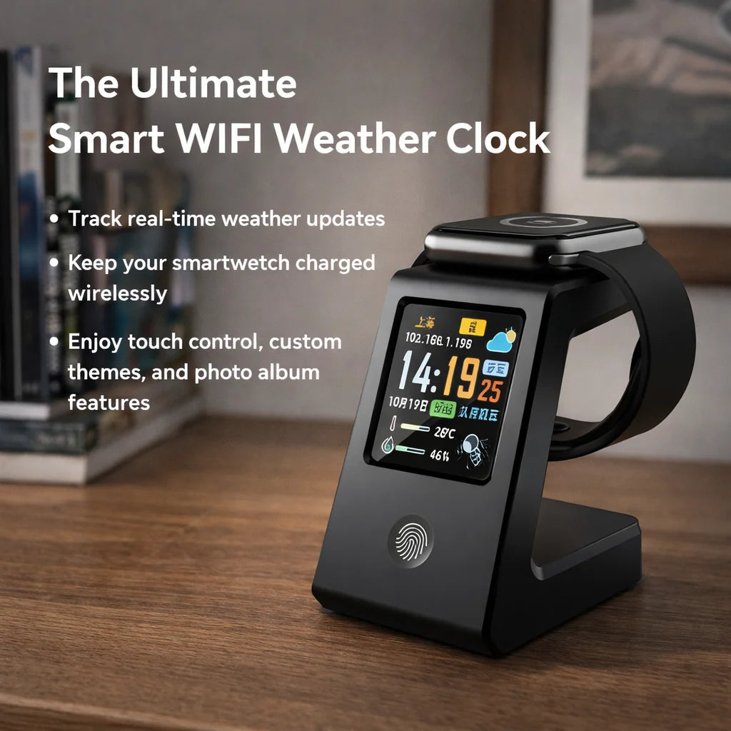 Smart WiFi weather clock, featuring wireless charging for watches, digital table clock, real-time weather display, touch control