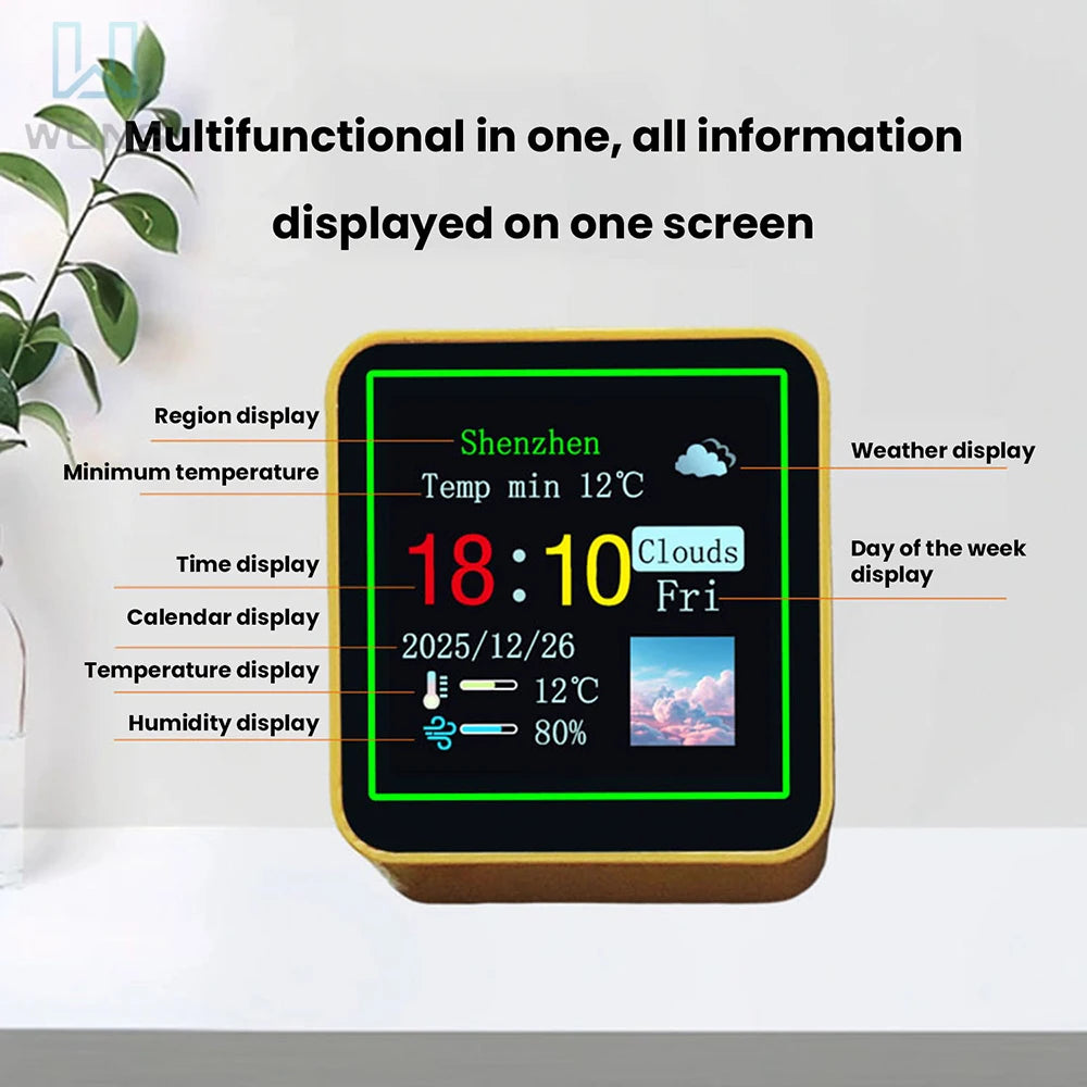 Smart Wifi Weather Station Display Weather Temperature Humidity Time Alarm Clock Desktop Electronic Clock Type-C Min Clock DC 5V