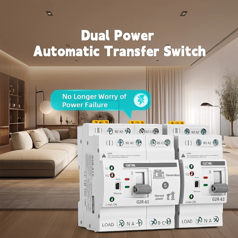 ATS Mini Automatic Transfer Switch 220V Din Rail Dual Power Electrical Selector Switches Uninterrupted Power 63A