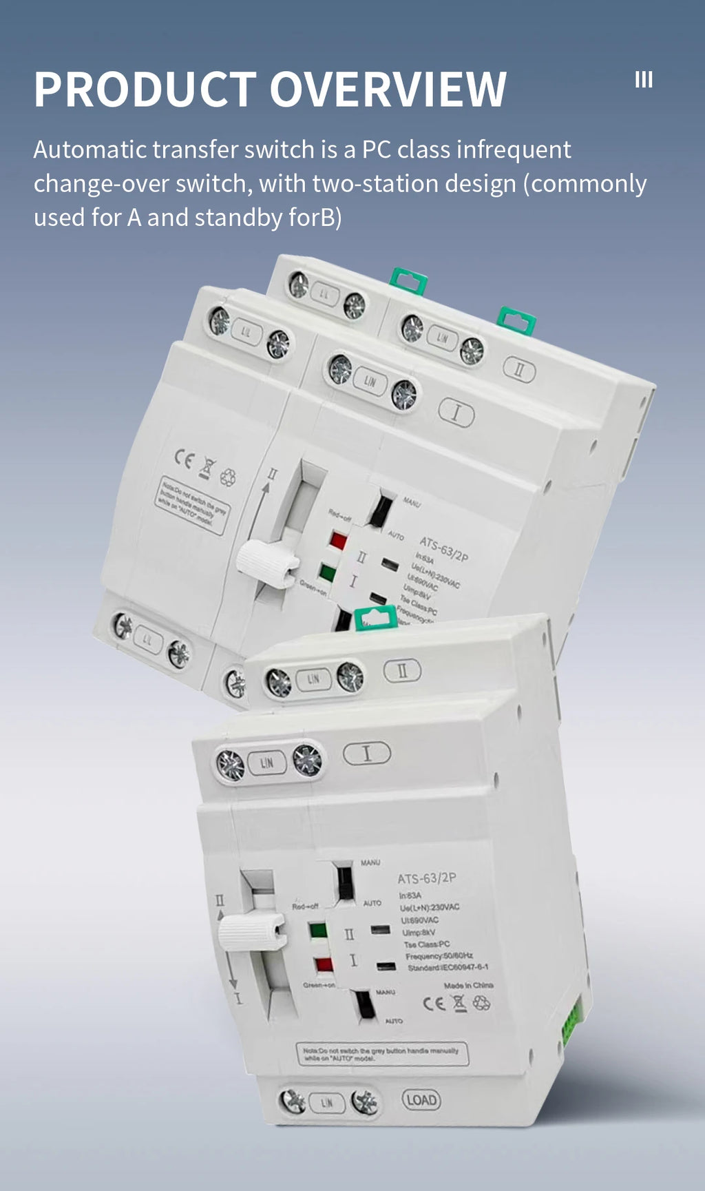 Uninterrupted Automatic Transfer Switch PC Class ATS 2P 4P 25A 40A 63A 110V 220V Mains Power Generator Dual Power Backup