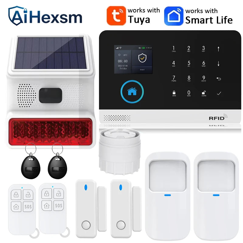 Smart Home Solar powered siren Tuya WIFI GSM Alarm System Wireless Smart Life APP 433MHz Safe Security Gap PIR Motion with Alexa
