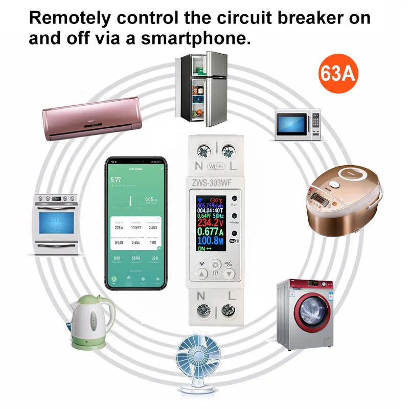 WiFi Smart Circuit Breaker 63A with LCD Display Energy Meter KWH Remote Control Monitor Overload Protection Auto-reclosing