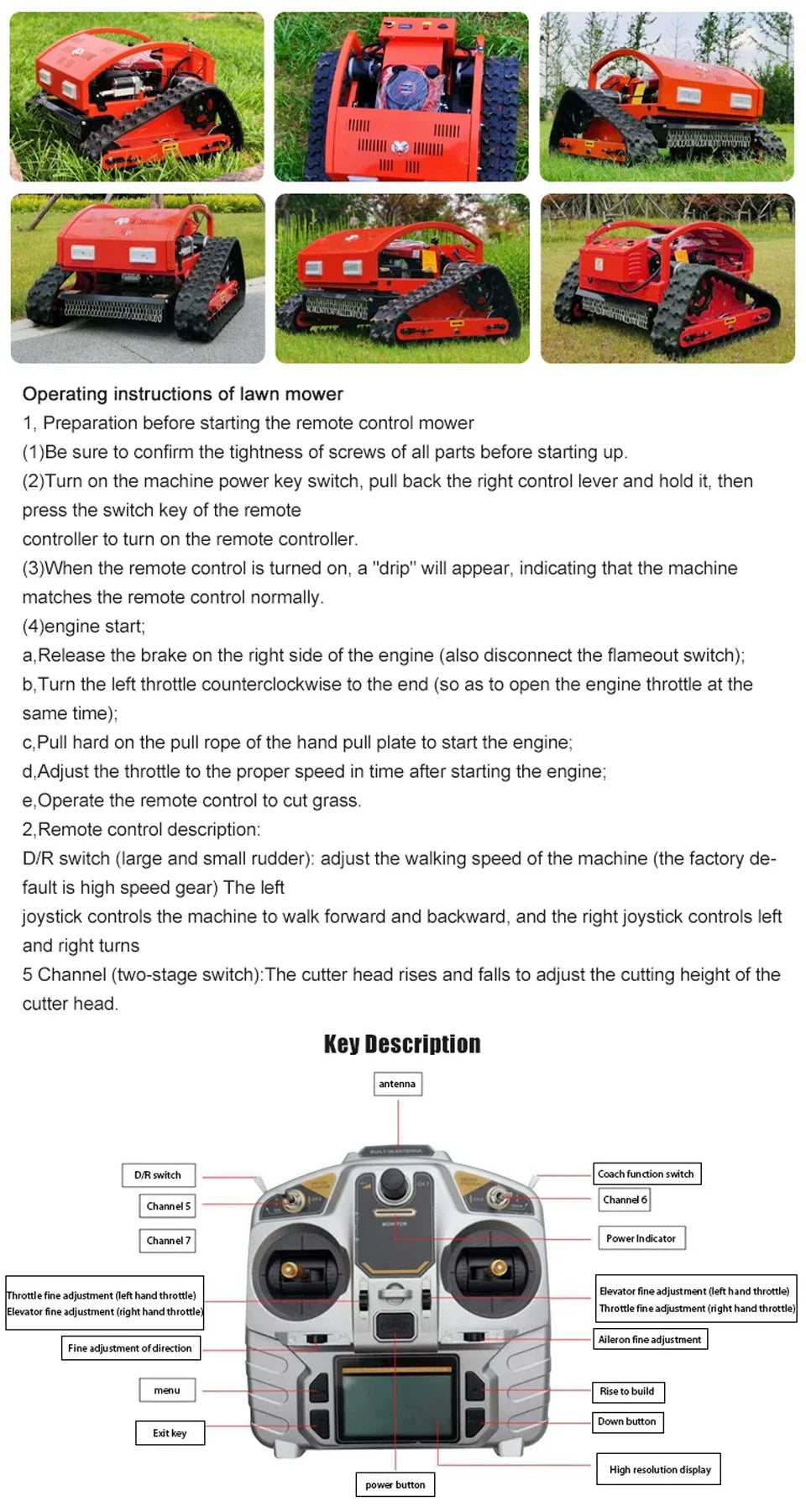 Multi-Functional Cordless Remote Control Lawn Mower Robot for Lawn Mower Factory Lawn Weed Cutting Customized