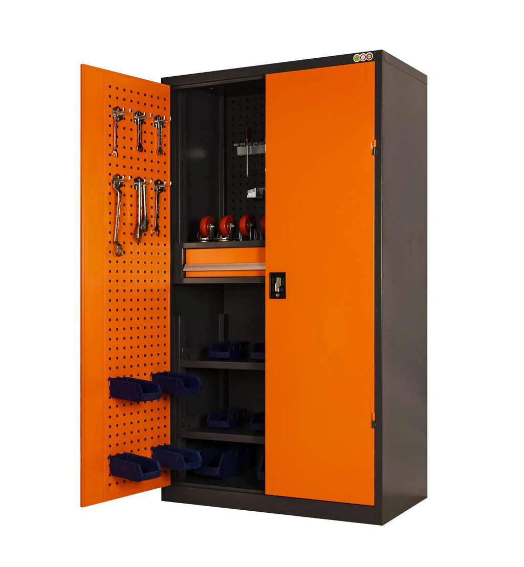 Optimize Your Workspace with a Modern Industrial 71in. Orange Tool Cabinet Lock, Drawers, Pegboard, and Quiet Wheels PULAGE
