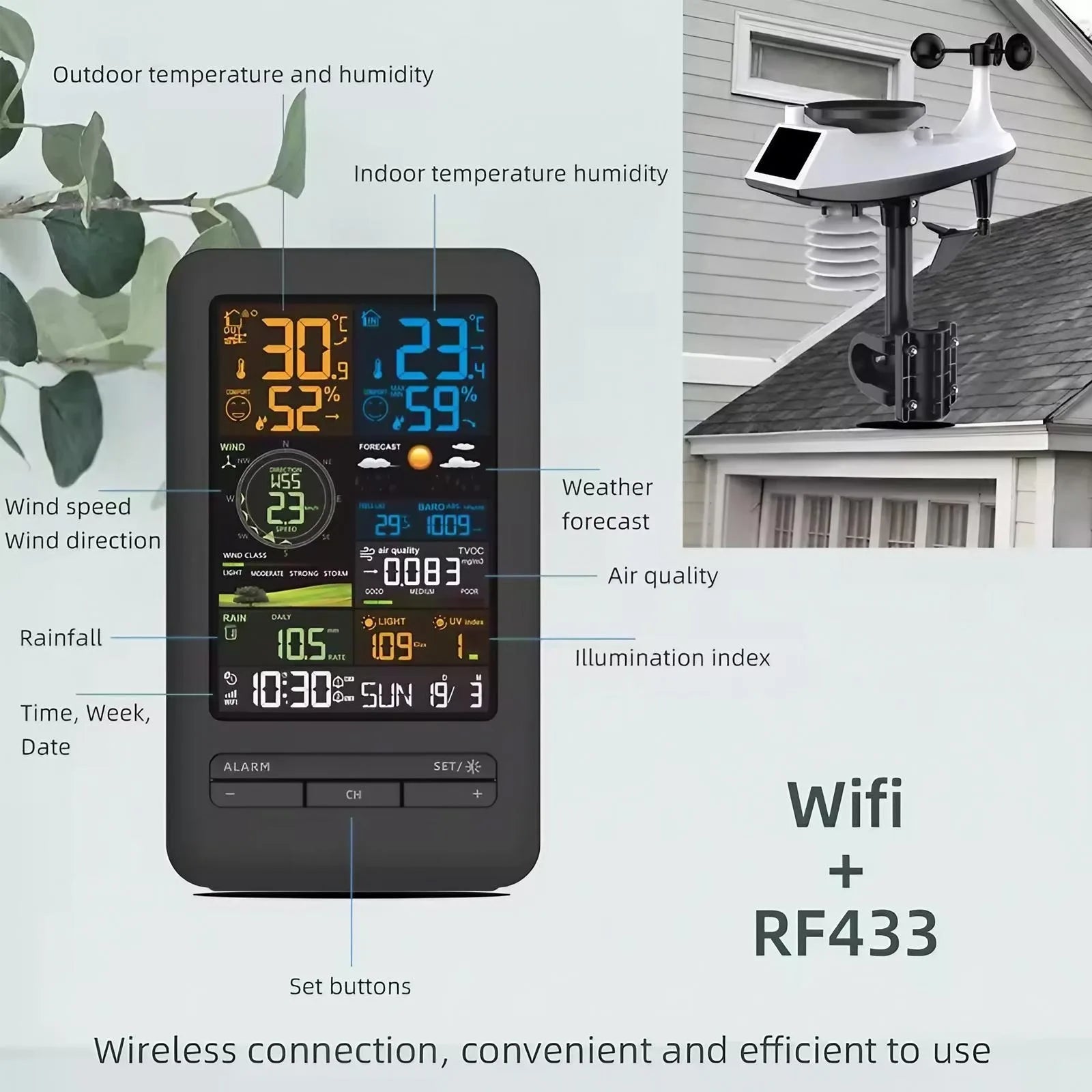 Smart Weather Station with App Auto Timer and Perpetual Calendar for Temperature Humidity Wind Speed Rainfall UV TVOC Monitoring