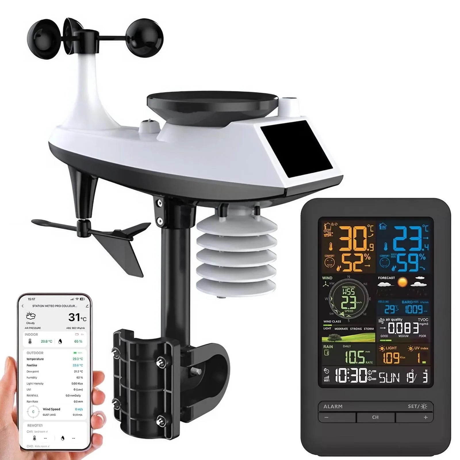 Smart Home Weather Station Monitor Temperature Humidity Wind Speed Rainfall UV TVOC Auto Timer Calendar
