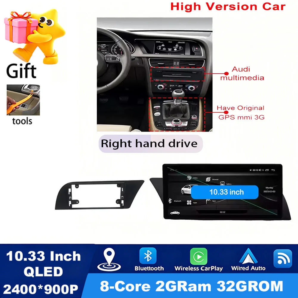 GPS RHD Android 16 Car Radio Multimedia Player for Audi A4 B8 A5 2009 - 2016 Wireless Carplay 4G DSP Stereo Ultra-thin Screen