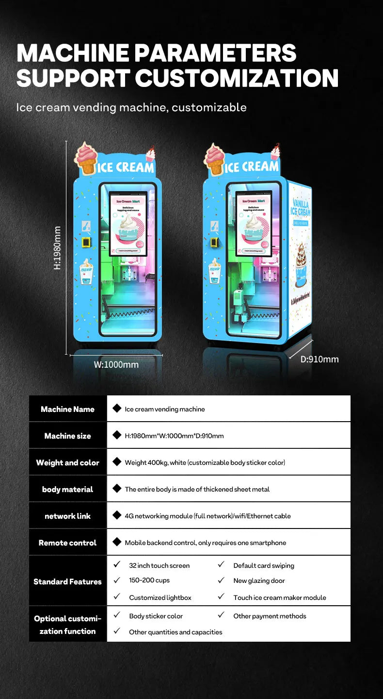 Customized Commercial Ice Cream Vending Machine Fully Automatic Touchscreen Self-Serve 24/7 Shopping Mall