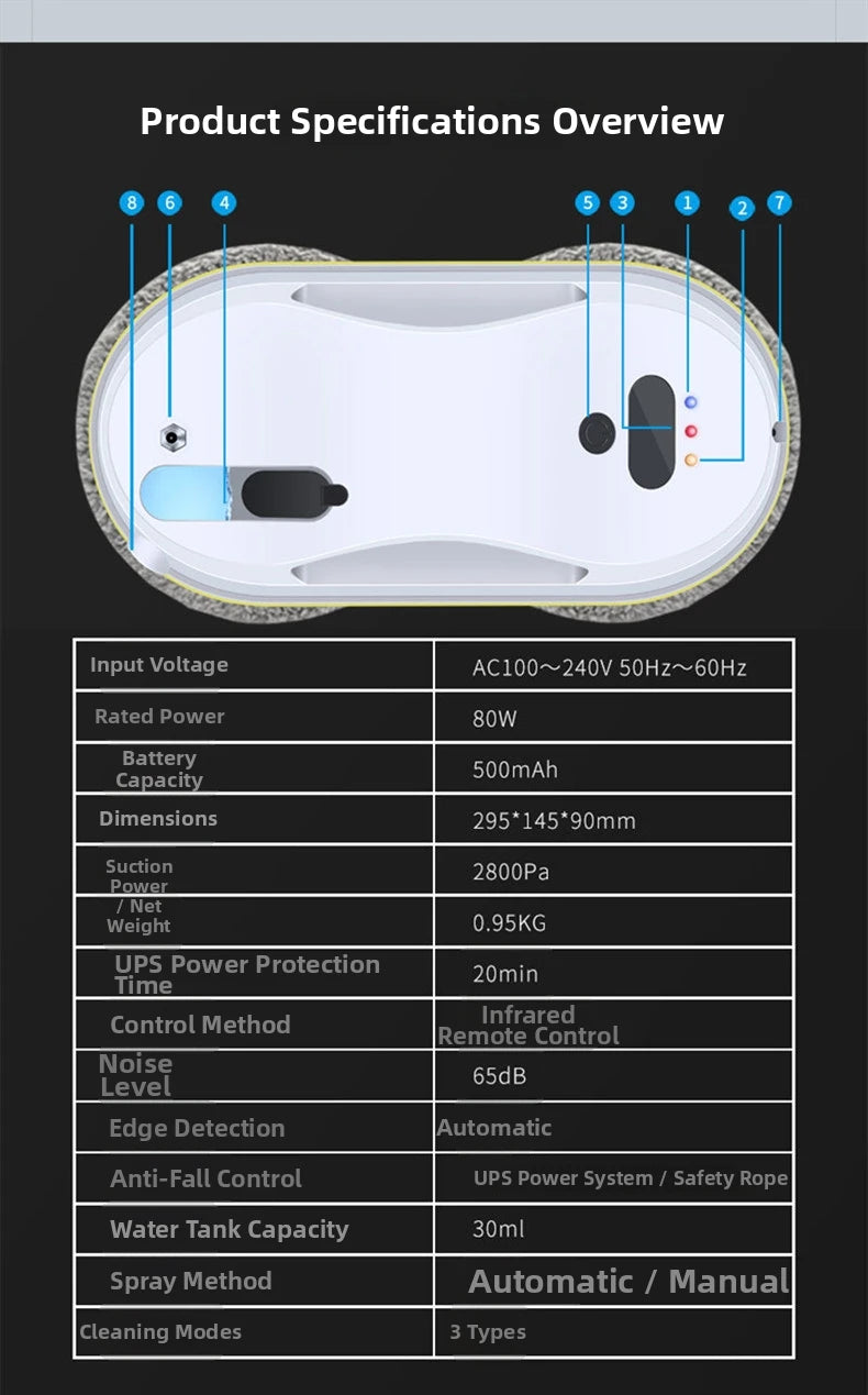 Clean Robot Auto-Spray Window Cleaning Robot Electric Glass Cleaner with Remote Control 360° Safety Rope & Suction High-Rise
