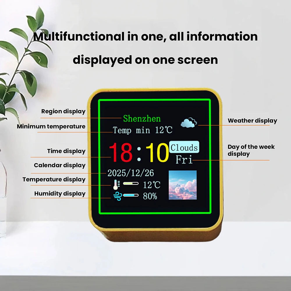 Smart Wifi Weather Station Display Weather Temperature Humidity Time Alarm Clock Desktop Electronic Clock Type-C Min Clock DC 5V