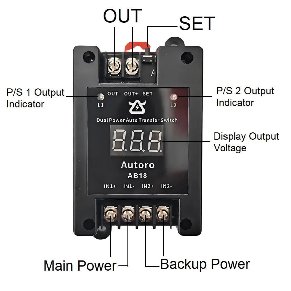 Autoro AB18 Automatic Transfer Switch ATS DC 12V-60V 18A Dual Power Switch with Digital Display - Uninterrupted Power Supply UPS