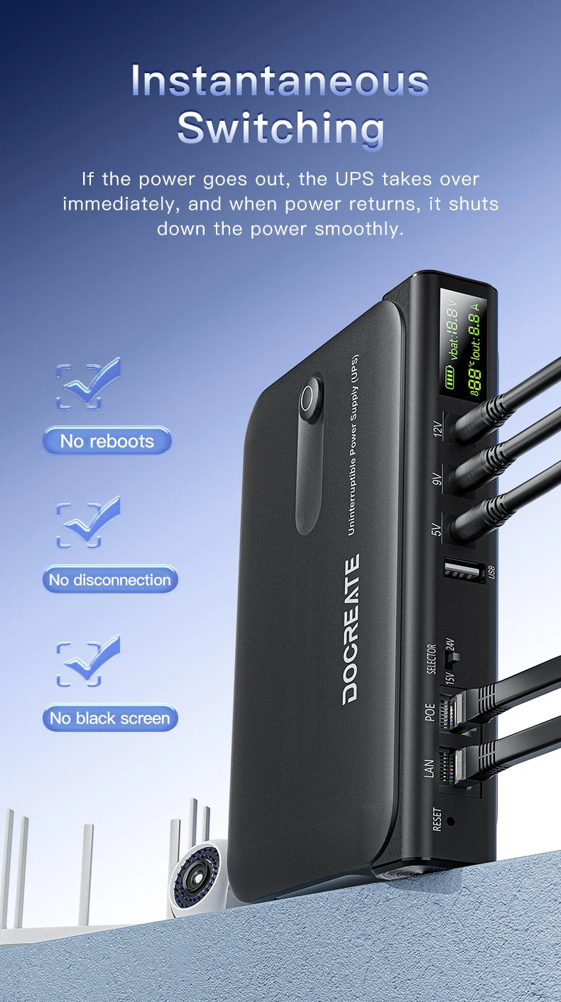 DC UPS Uninterruptible Power Supply System 5V-24V Output 4x18650 Replaceable Battery for Router NAS Modem and Security Monitor