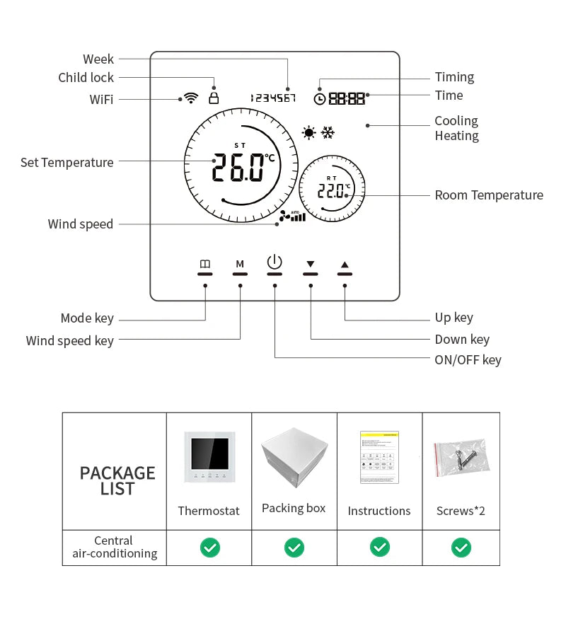 Smart Wifi Thermostat for AC Energy Saving HVAC Fan Coil Temperature Controller Flexible Square Shape for Hospital Cold Room