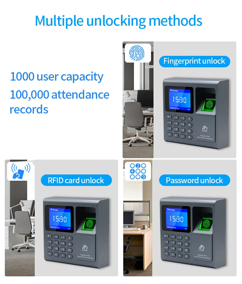 Biometric Fingerprint Scanner RFID Access Control System 1000 User USB Time Recorder Attendance Employee Machine