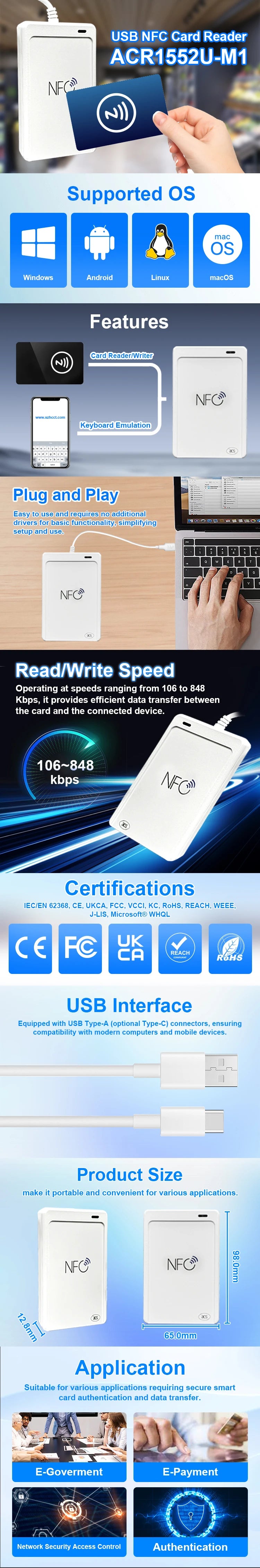 13.56MHz RFID Payment Smart Card Reader Writer for Windows Android System ACR1552U-M1