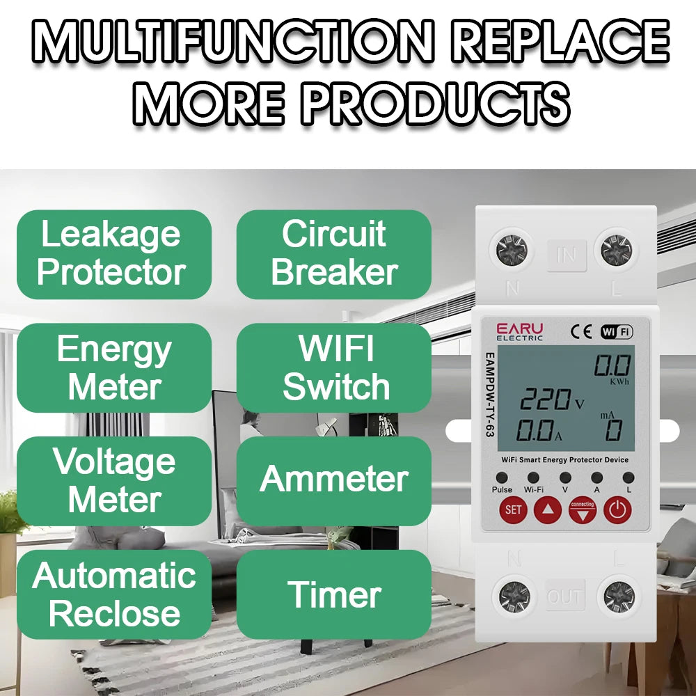 63A Tuya WiFi Smart Circuit Breaker Switch Energy Meter Metering Timer Relay Device With Voltage Current and Leakage Protection