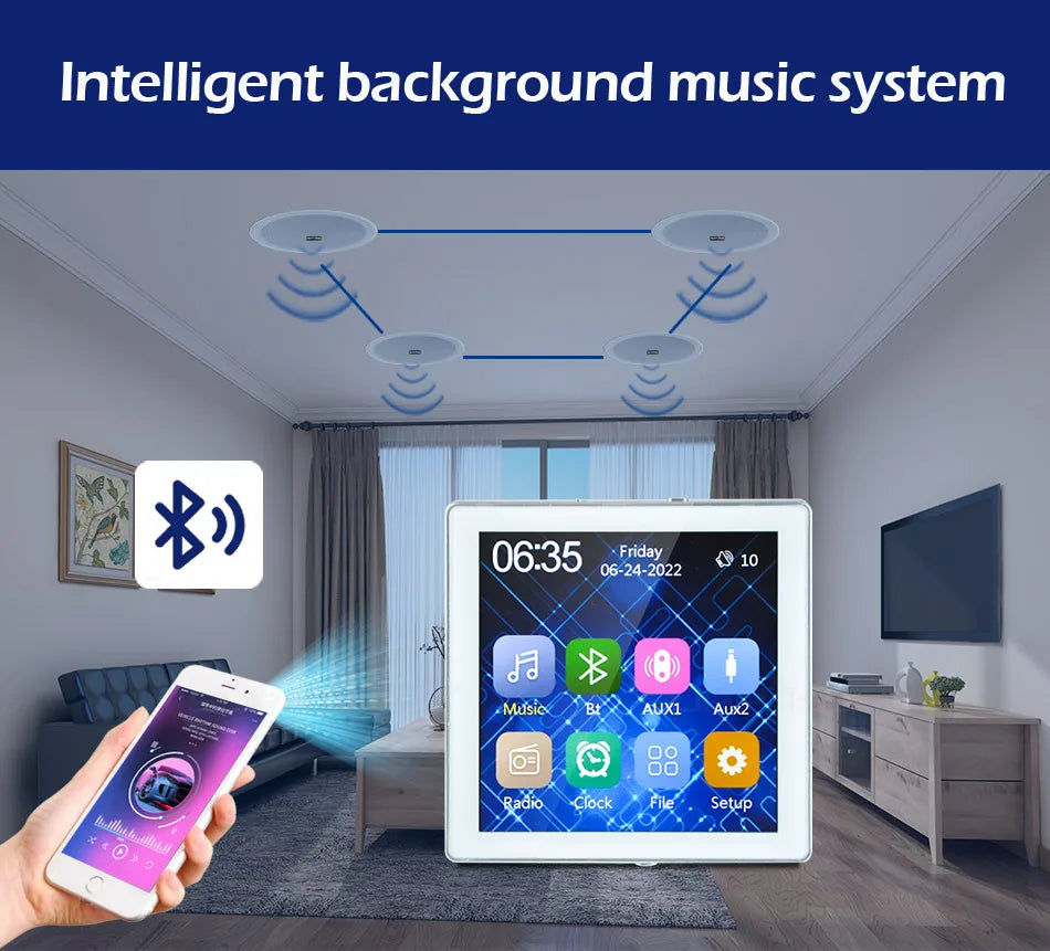 Smart Home Audio 4 Inch Key Touch Wireless Bluetooth-compatible Wall Amplifier Fm Radio with Frameless Ceiling Loudspeakers Kits