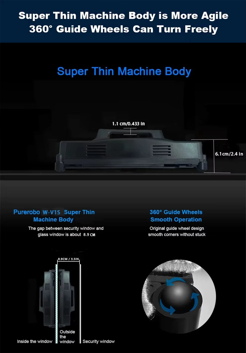 Robot Window Cleaner Purerobo W-V1S With Vibration&Dual Water Spray，High Vacuum Suction，Home Glass Cleaning Window Cleaner Robot
