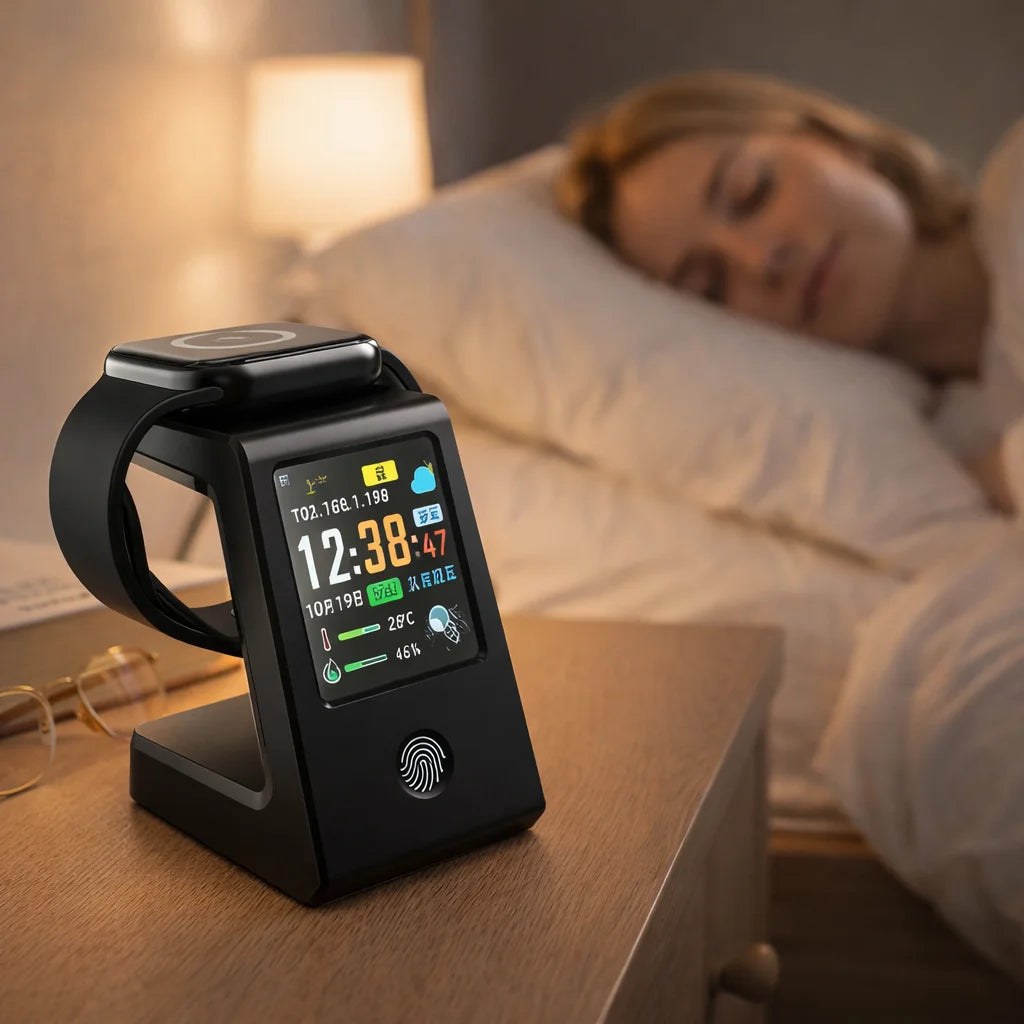 Smart WiFi weather clock, featuring wireless charging for watches, digital table clock, real-time weather display, touch control