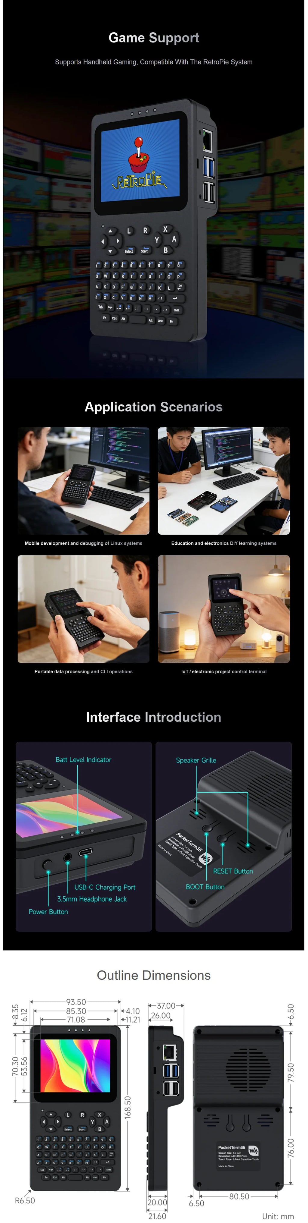 Waveshare portable handheld Linux terminal, 3.5inch 640×480 touch screen, optical bonding, for Rasp Pi 4B/5 dev & debug tool