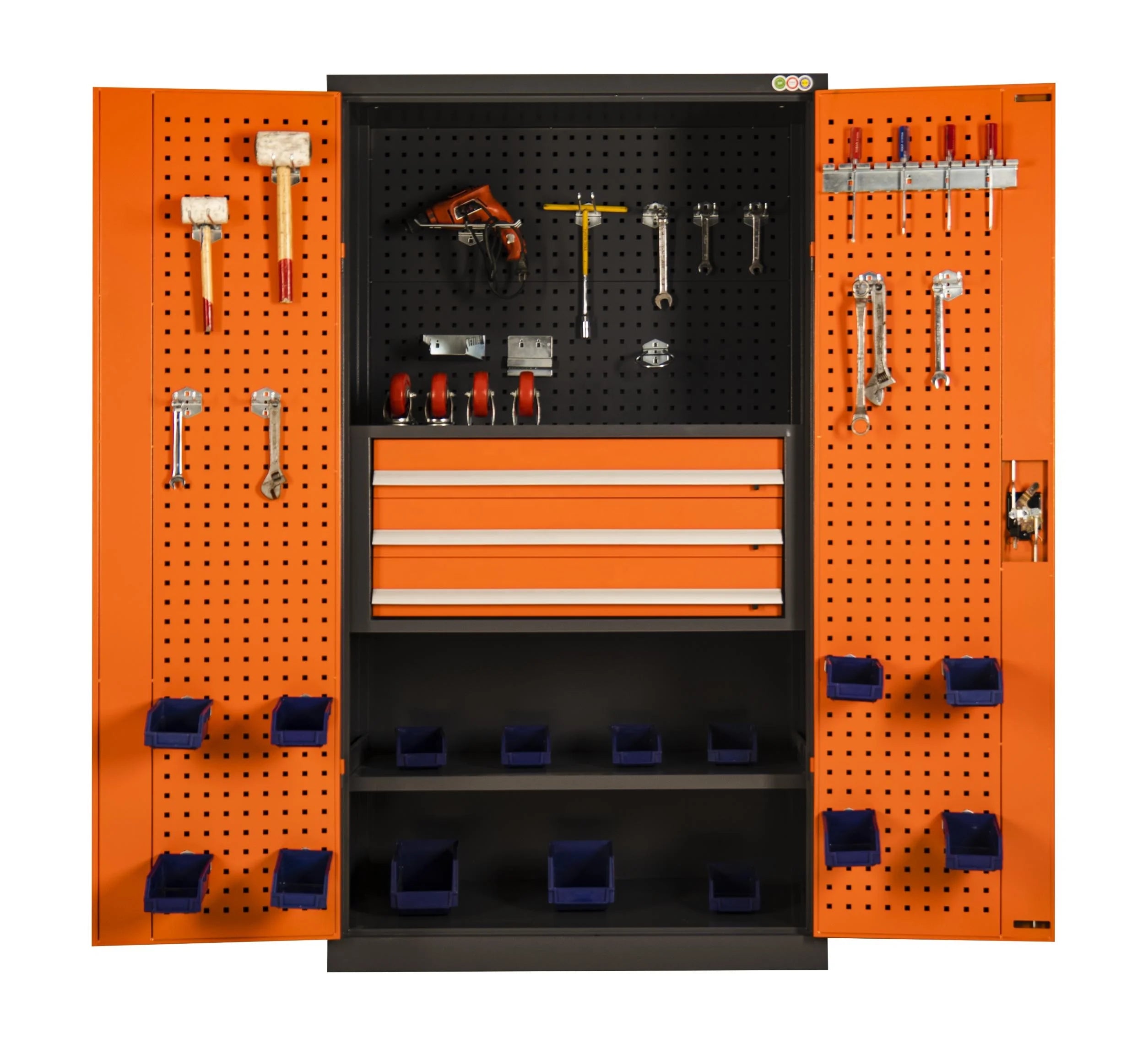 Optimize Your Workspace with a Modern Industrial 71in. Orange Tool Cabinet Lock, Drawers, Pegboard, and Quiet Wheels PULAGE