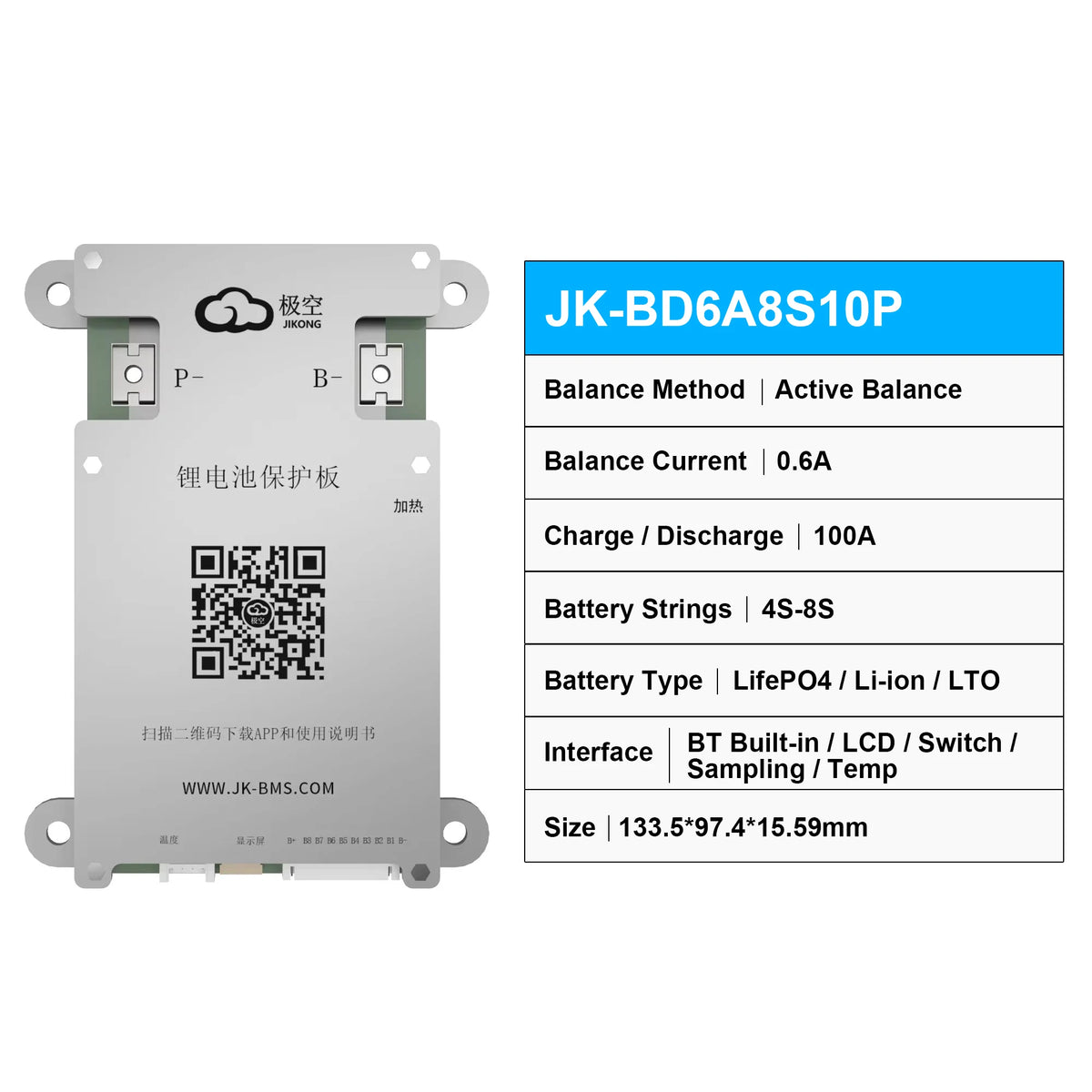 Smart BMS BD6A8S10P 4S 5S 6S 7S 8S 12V 24V Battery With 0.6A Active Balance BMS LiFePO4 Li-ion LTO Battery Storage Bluetooth BMS