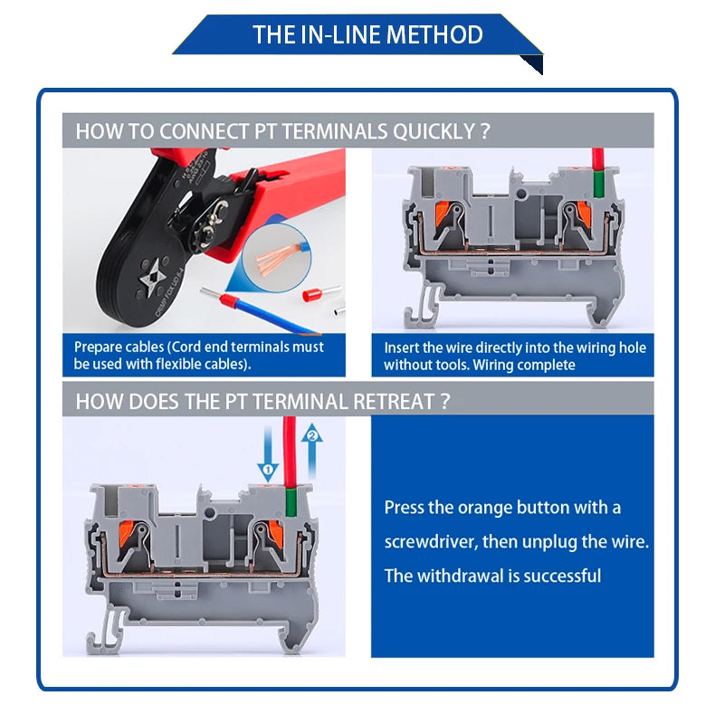 PT4 Push-In Terminal Block Spring Connection Feed-Through Screwless PT-4 Wire Electrical Connector Din Rail Terminals PT 4