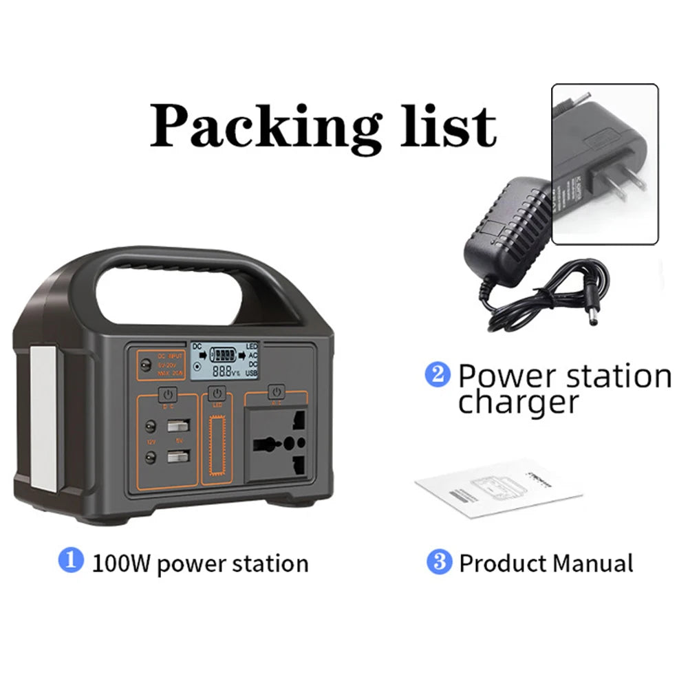 100W Solar Power Portable Station Camping Battery Generator Outdoor Lifepo4 Bank 110V 220V Supply Emergency Home Energy RV Led