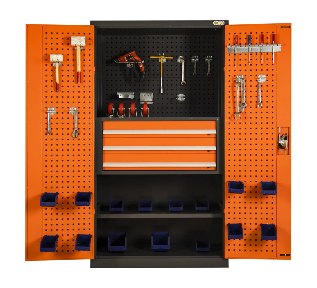 Optimize Your Workspace with a Modern Industrial 71in. Orange Tool Cabinet Lock, Drawers, Pegboard, and Quiet Wheels PULAGE