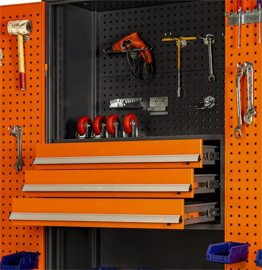 Optimize Your Workspace with a Modern Industrial 71in. Orange Tool Cabinet Lock, Drawers, Pegboard, and Quiet Wheels PULAGE
