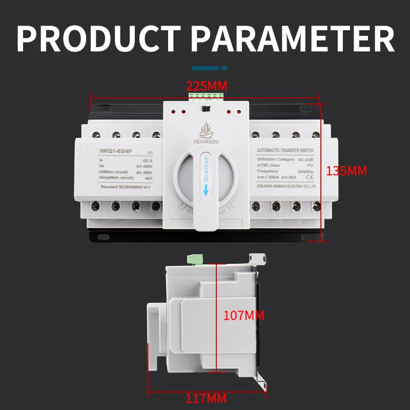 Automatic Transfer Switch (ATS) 4P 63A/125A Dual Power Changeover Switch 400V Manual/Auto for Generator Industrial CE Certified