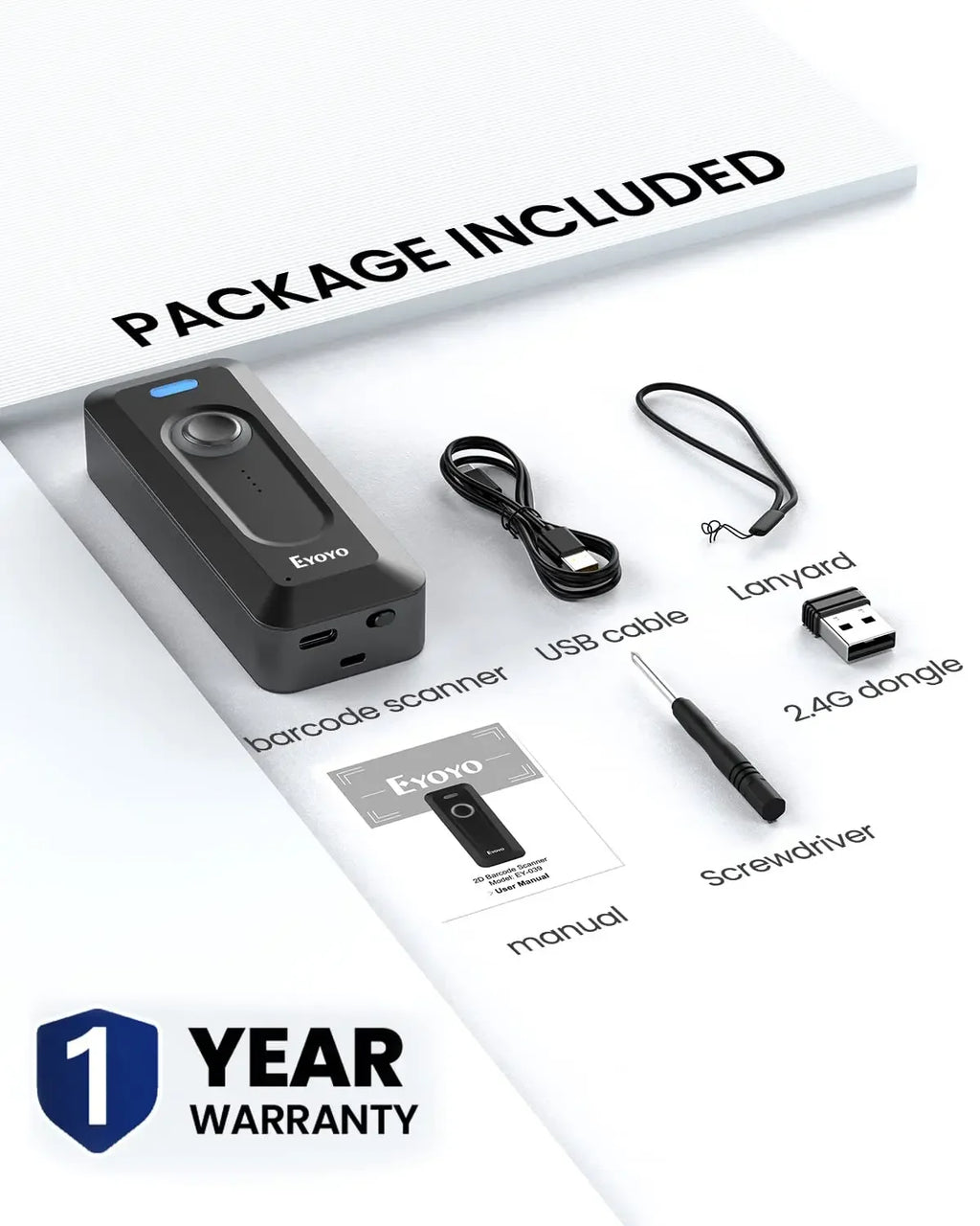 Eyoyo 2D Barcode Scanner Portable Mini Bluetooth Wireless with Clip 2000mAh Battery with Level Indicator QR Bar Code Reader