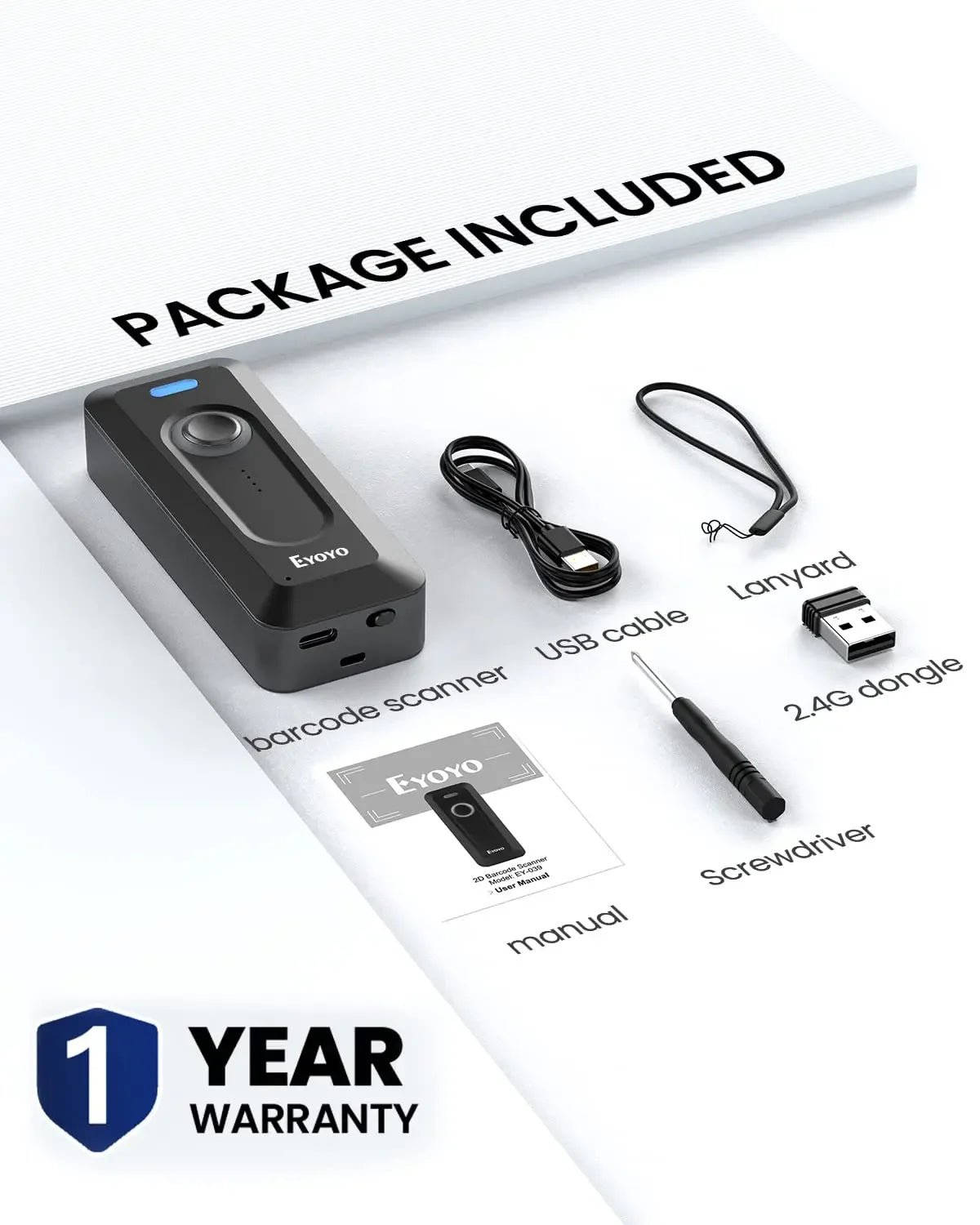 Eyoyo 2D Barcode Scanner Portable Mini Bluetooth Wireless with Clip 2000mAh Battery with Level Indicator QR Bar Code Reader