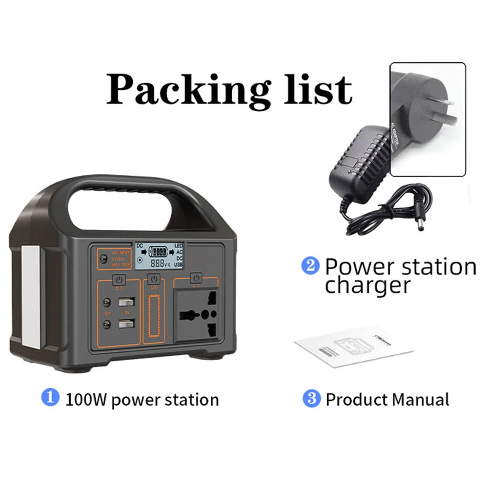100W Solar Power Portable Station Camping Battery Generator Outdoor Lifepo4 Bank 110V 220V Supply Emergency Home Energy RV Led