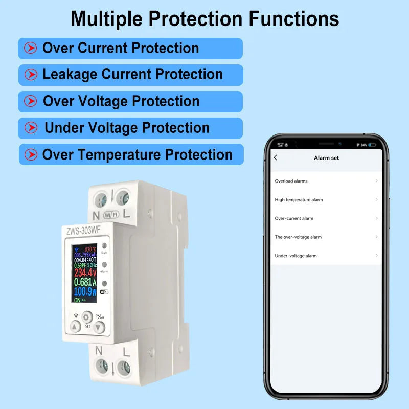 WiFi Smart Circuit Breaker 63A with LCD Display Energy Meter KWH Remote Control Monitor Overload Protection Auto-reclosing